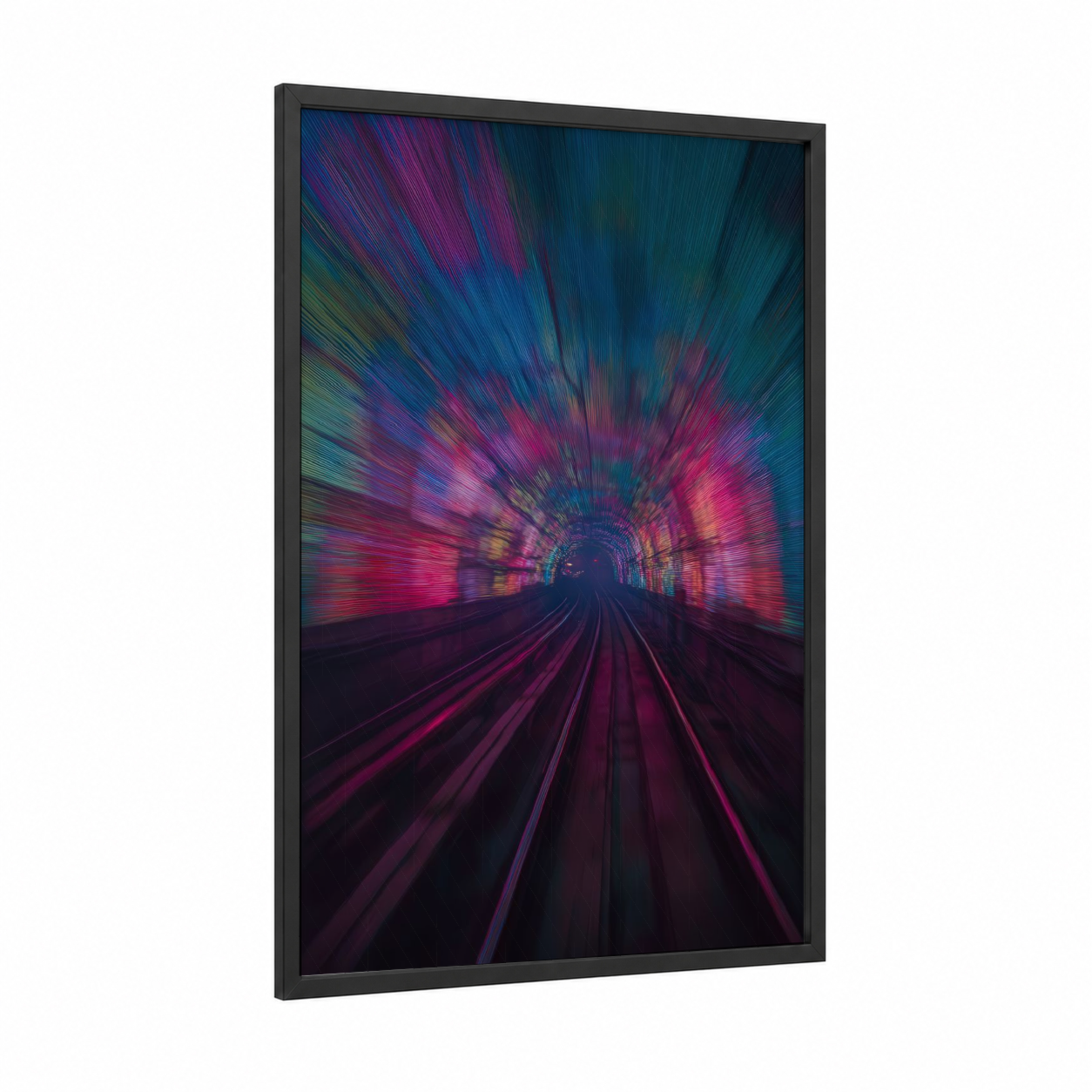 Neon Subway Tunnel framed art print — black wood frame — magenta and blue palette