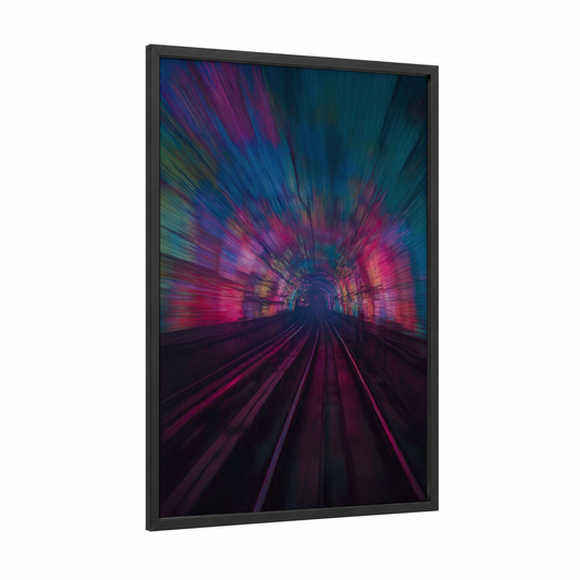 Neon Subway Tunnel framed art print — black wood frame — magenta and blue palette