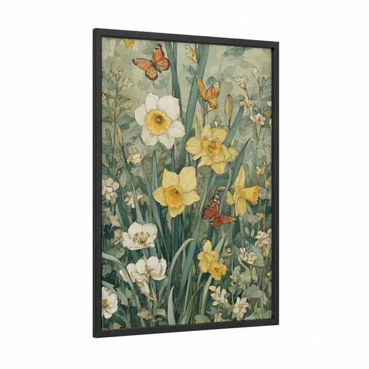 Spring Daffodil Garden framed daffodils print — black wood frame — cream and sage green palette