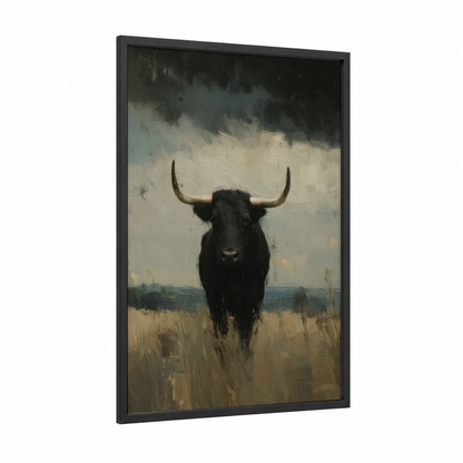 Stormy Hereford framed hereford cow print — black wood frame — gray and beige palette