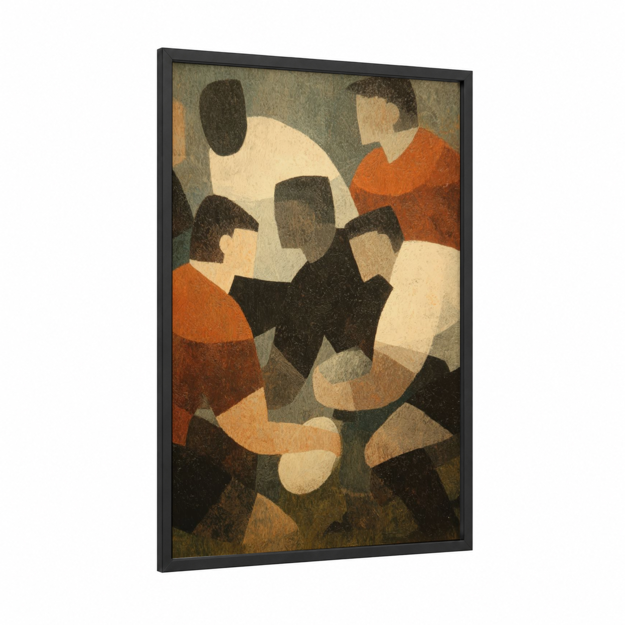 Abstract Rugby Scrum framed art print — black wood frame — russet and cream palette