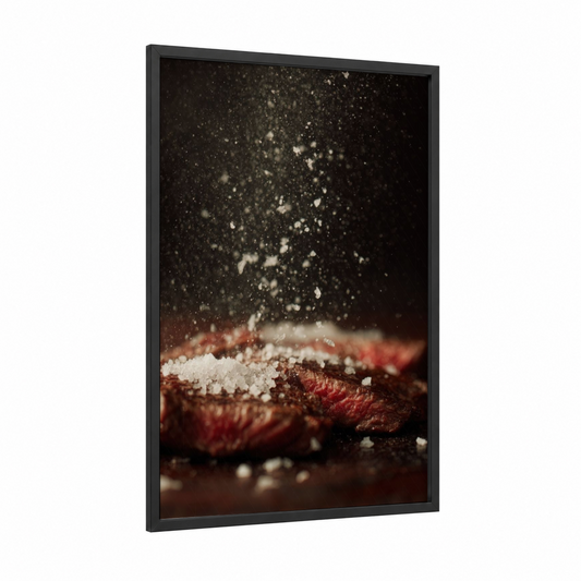 Salted Steak framed meat print — black wood frame — black and russet palette