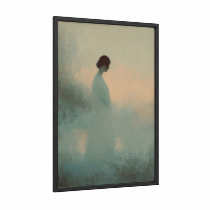 Solitary Figure Mist framed dreamscape print — black wood frame — sage green and cream palette