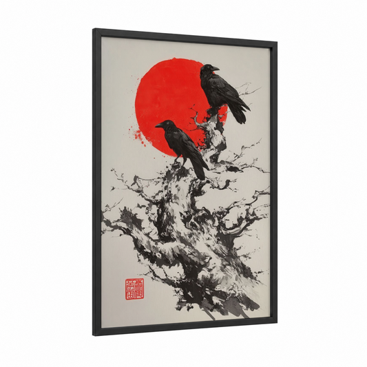 Rising Ravens framed crows and ravens print — black wood frame — black and red and cream palette