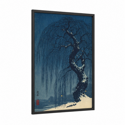 Snowy Willow Night framed willow tree print — black wood frame — blue and cream palette