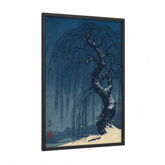 Snowy Willow Night framed willow tree print — black wood frame — blue and cream palette