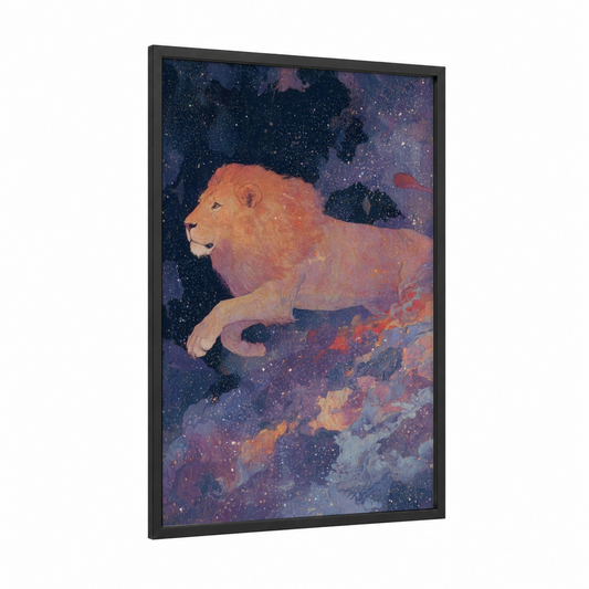 Cosmic Lion framed leo print — black wood frame — gold and blue palette