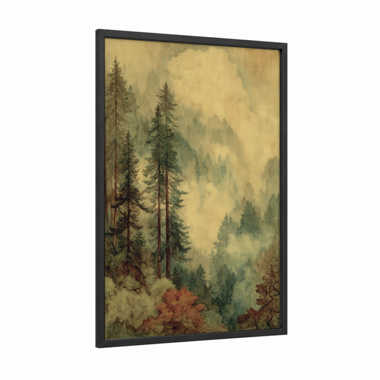 Misty Forest framed art print — black wood frame — cream and sage green palette
