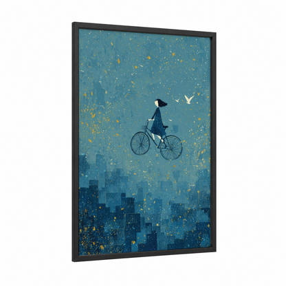 Dreaming Cyclist framed urban bicycle print — black wood frame — teal and gold and white palette