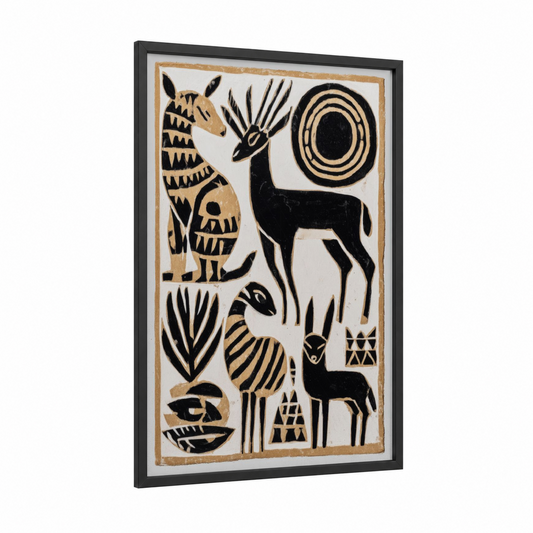 African Wildlife Collection framed abstract traditional print — black wood frame — black and cream palette