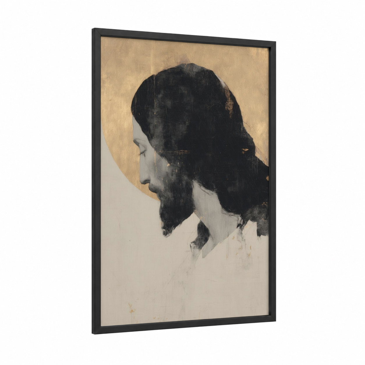 Contemplative Christ framed jesus christ print — black wood frame — black and white and cream palette