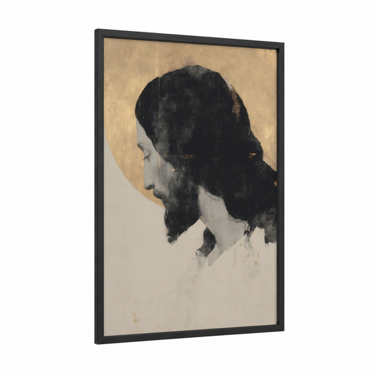 Contemplative Christ framed jesus christ print — black wood frame — black and white and cream palette