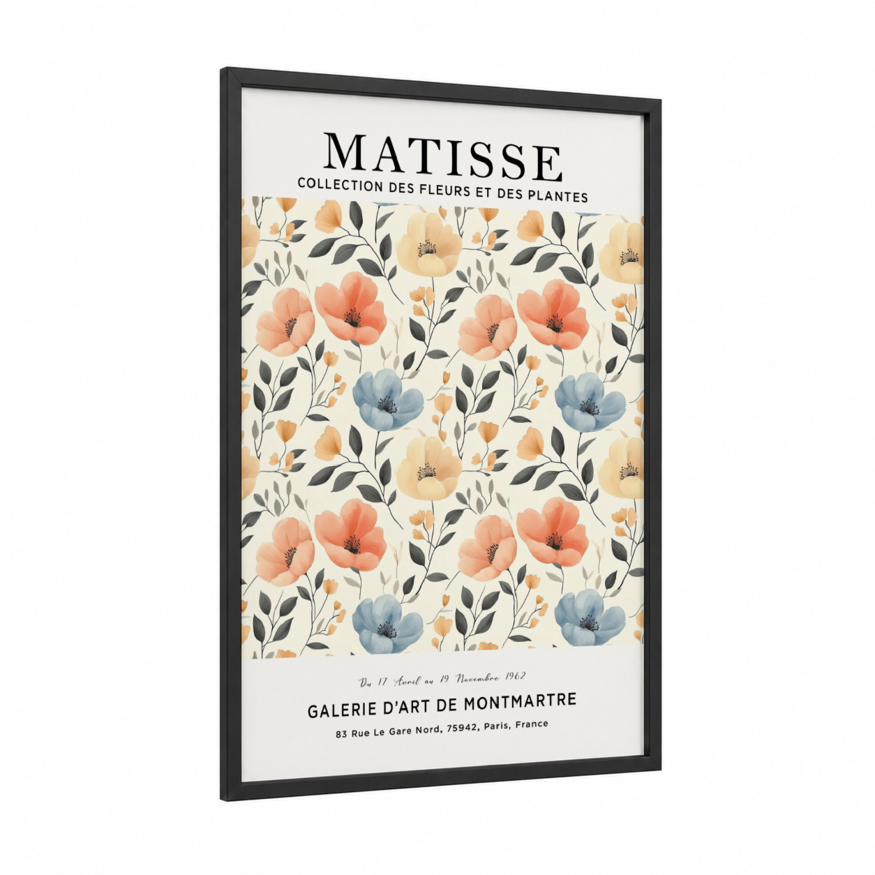 Matisse Florals framed abstract flower print — black wood frame — peach and blue palette