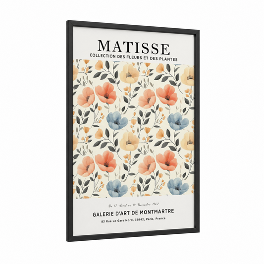 Matisse Florals framed abstract flower print — black wood frame — peach and blue palette
