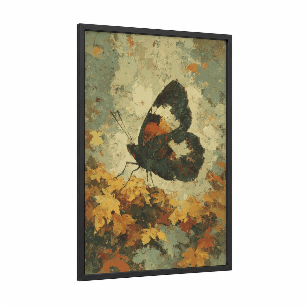 Autumn Butterfly framed art print — black wood frame — gold and sage green palette