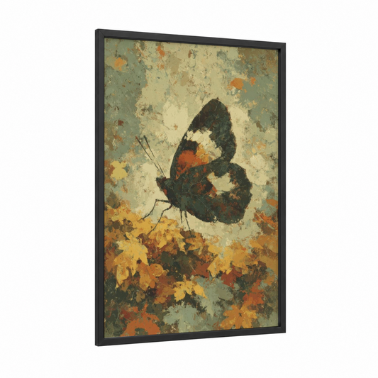 Autumn Butterfly framed art print — black wood frame — gold and sage green palette