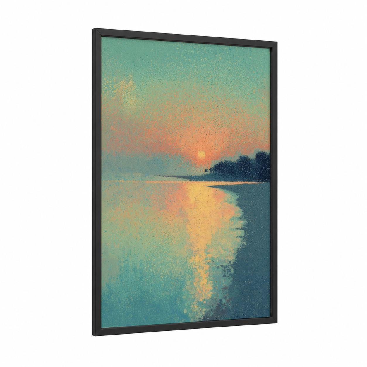 Golden Sunrise Reflection framed sandy beach print — black wood frame — teal and gold palette