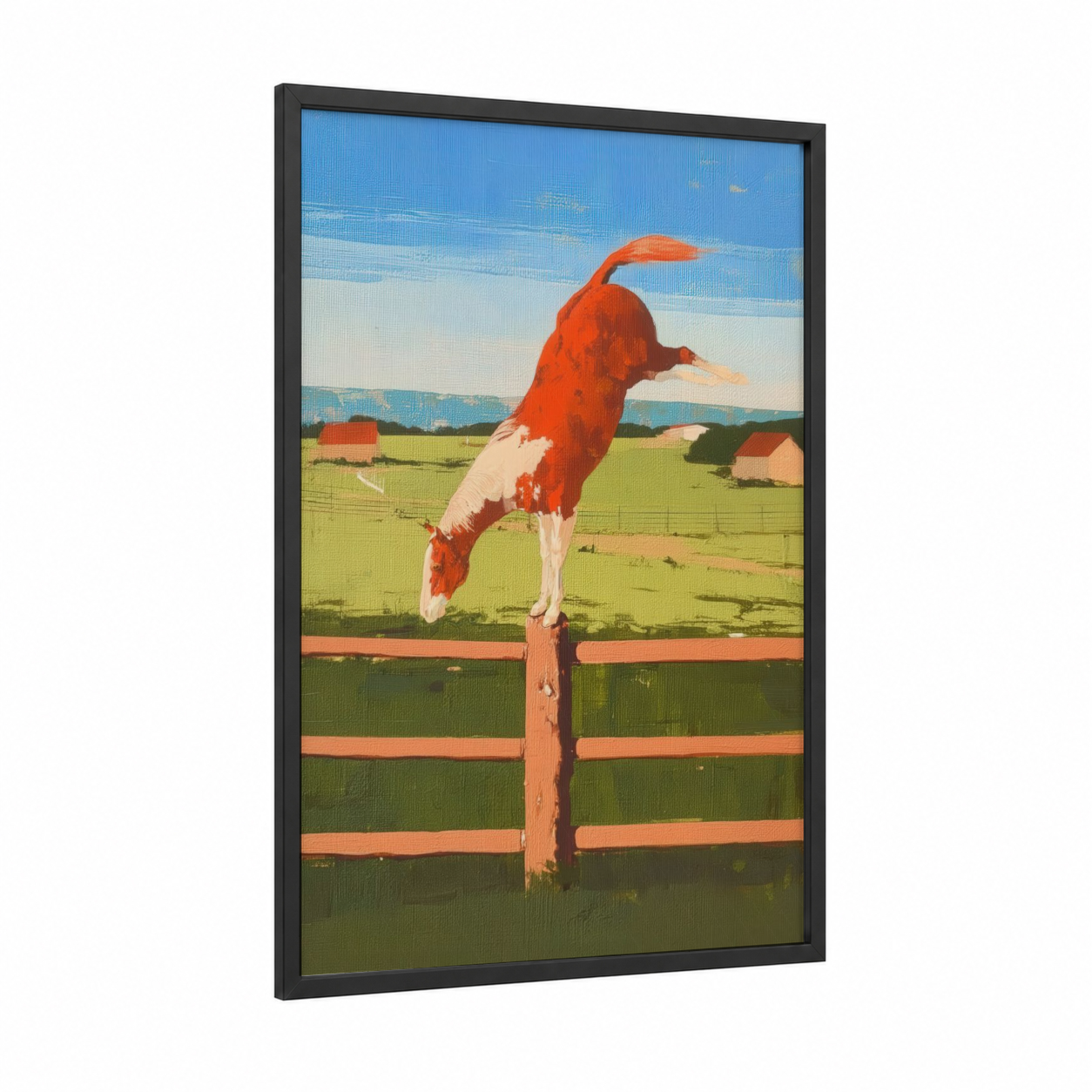 Playful Quarter Horse framed art print — black wood frame — blue and green palette