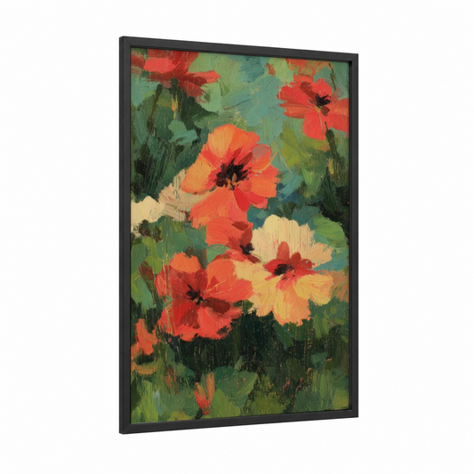Vibrant Geranium Garden framed art print — black wood frame — red and green palette