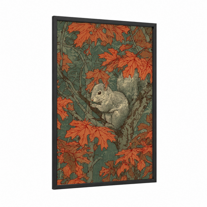 Autumn Squirrel framed art print — black wood frame — orange and sage green palette