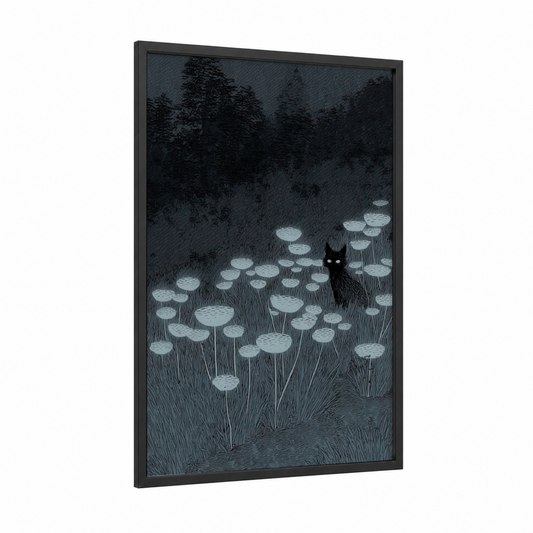 Moonlit Familiar framed magic and witchcraft print — black wood frame — black and white and gray palette