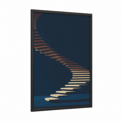 Floating Staircase framed art print — black wood frame — dark blue and gold palette