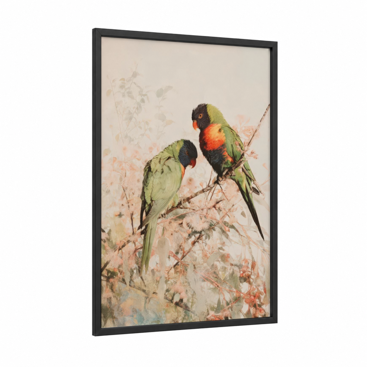 Rainbow Lorikeet Pair framed art print — black wood frame — green and red palette