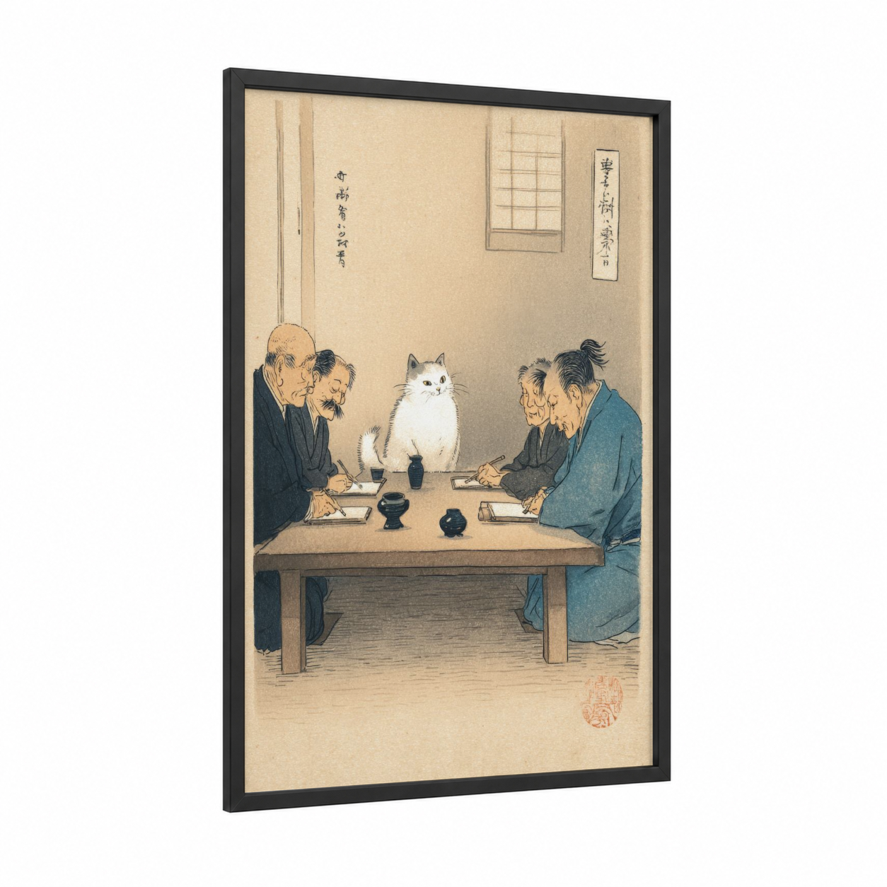 Cat Dinner Party framed art print — black wood frame — cream and black and white palette