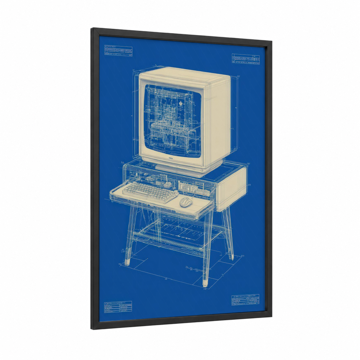 Vintage Computer Blueprint framed blueprints print — black wood frame — blue and cream palette
