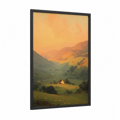 Golden Valley Farm framed art print — black wood frame — gold and light green palette
