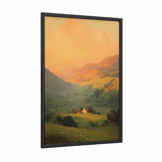 Golden Valley Farm framed art print — black wood frame — gold and light green palette