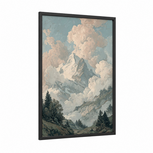 Snowy Himalayas framed art print — black wood frame — blue and white and cream palette