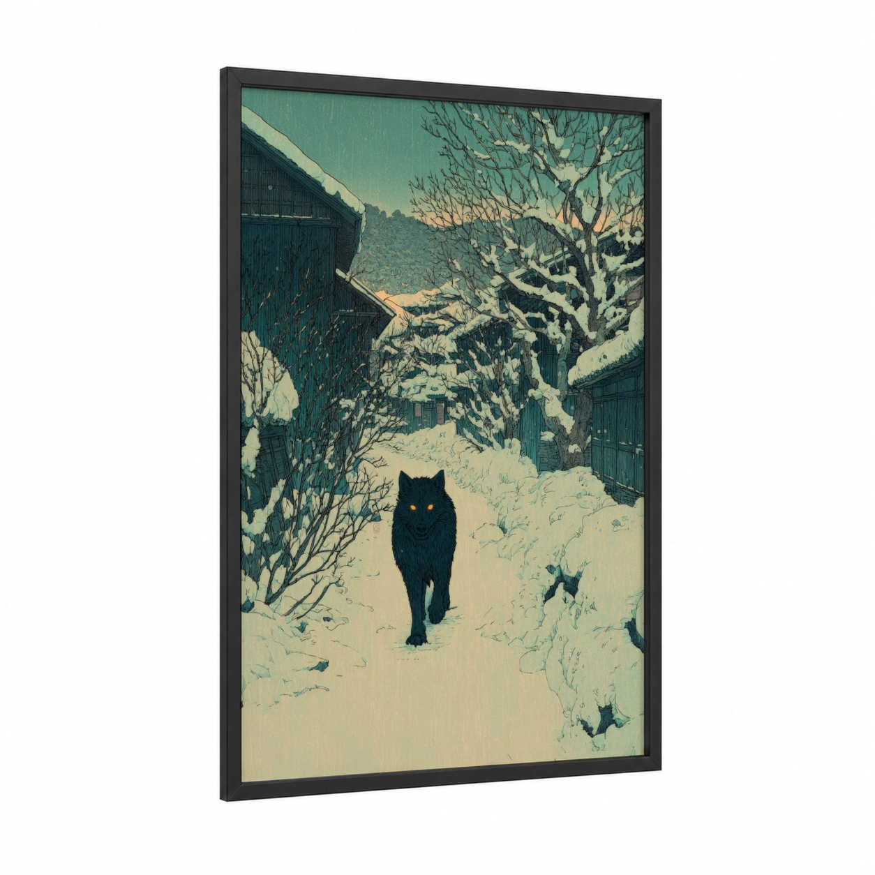 Snowy Werewolf framed art print — black wood frame — teal and cream palette