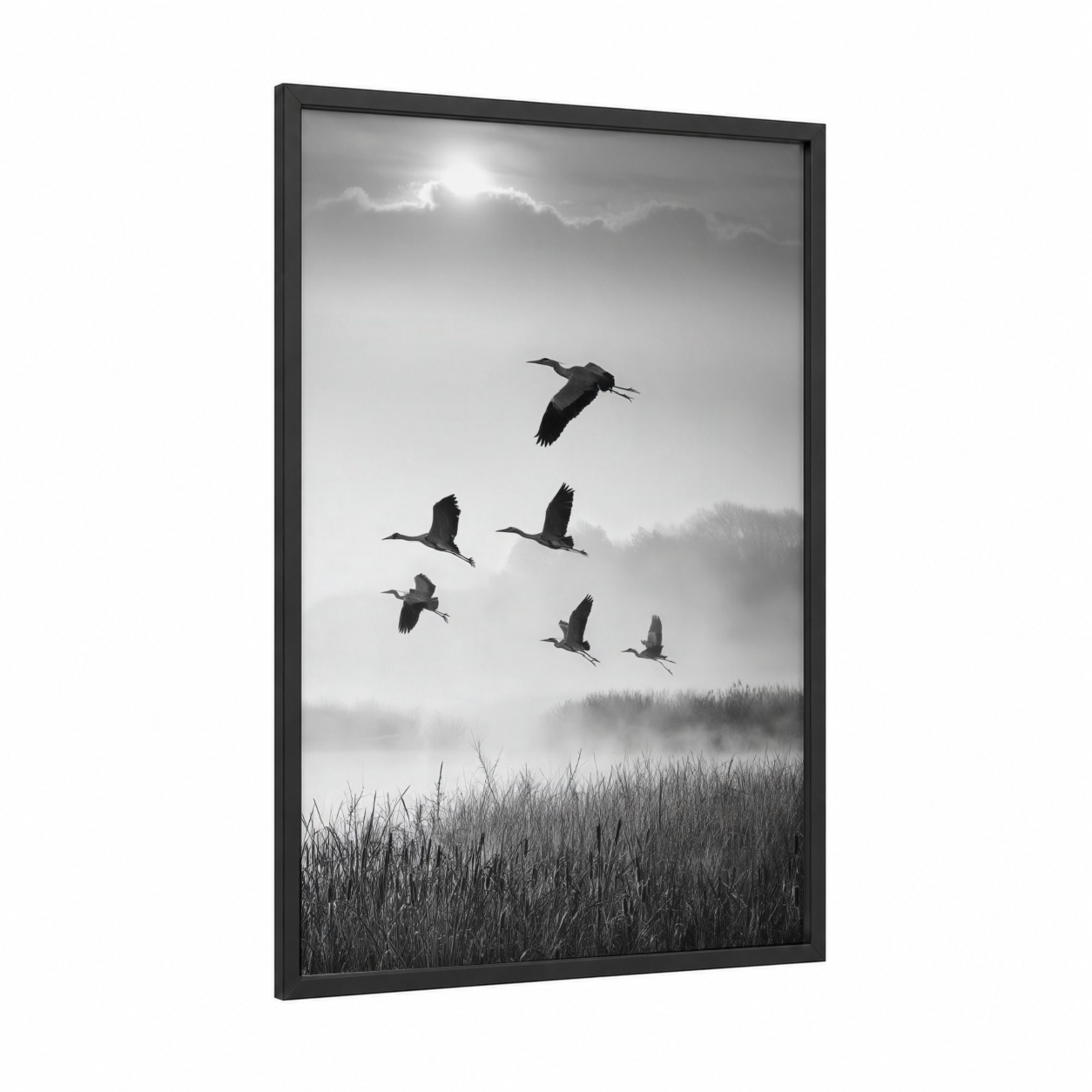 Misty Heron Flight framed art print — black wood frame — black and white and gray palette