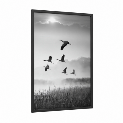 Misty Heron Flight framed art print — black wood frame — black and white and gray palette