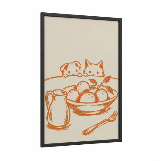 Curious Pets Kitchen Scene Wall Art framed cat print — black wood frame — orange and beige palette
