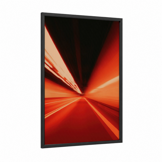 Crimson Speed Tunnel framed art print — black wood frame — red and orange palette