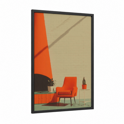 Minimalist Fireplace framed art print — black wood frame — orange and cream palette