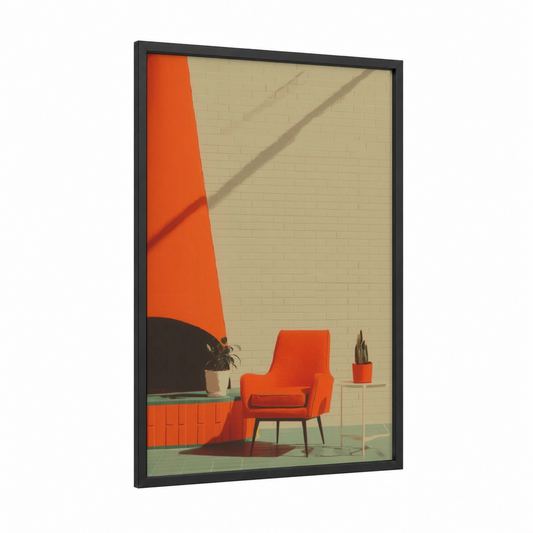 Minimalist Fireplace framed art print — black wood frame — orange and cream palette