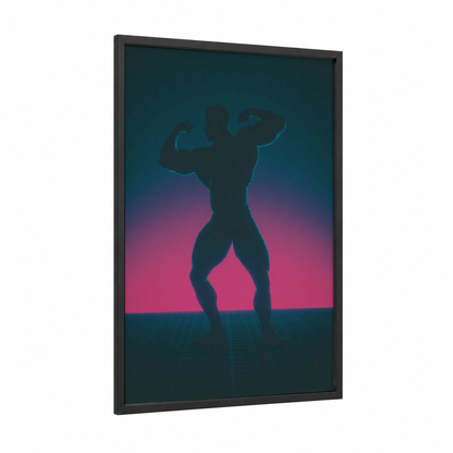 Neon Bodybuilder framed bodybuilding print — black wood frame — magenta and teal palette