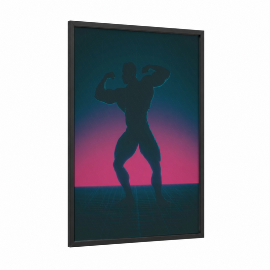 Neon Bodybuilder framed bodybuilding print — black wood frame — magenta and teal palette
