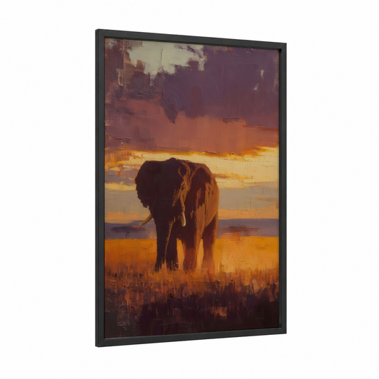 Golden Savanna Elephant framed art print — black wood frame — gold and maroon palette