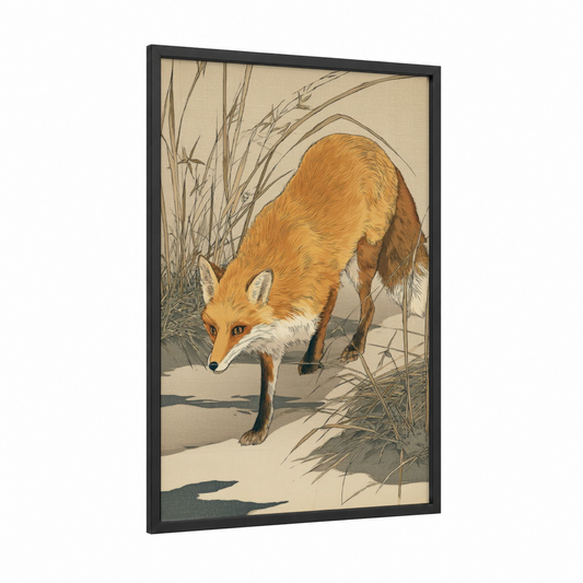 Stalking Fox framed art print — black wood frame — gold and russet palette
