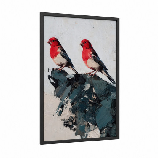 Red Finch Pair framed art print — black wood frame — red and teal palette