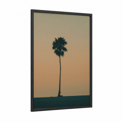 Solitary Palm framed tropical trees print — black wood frame — gold and black palette