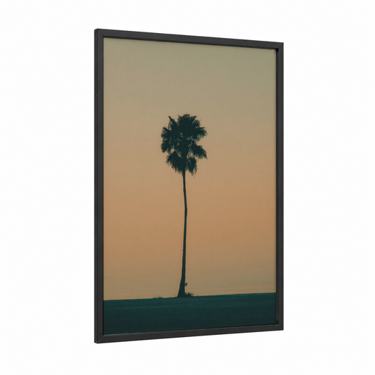 Solitary Palm framed tropical trees print — black wood frame — gold and black palette