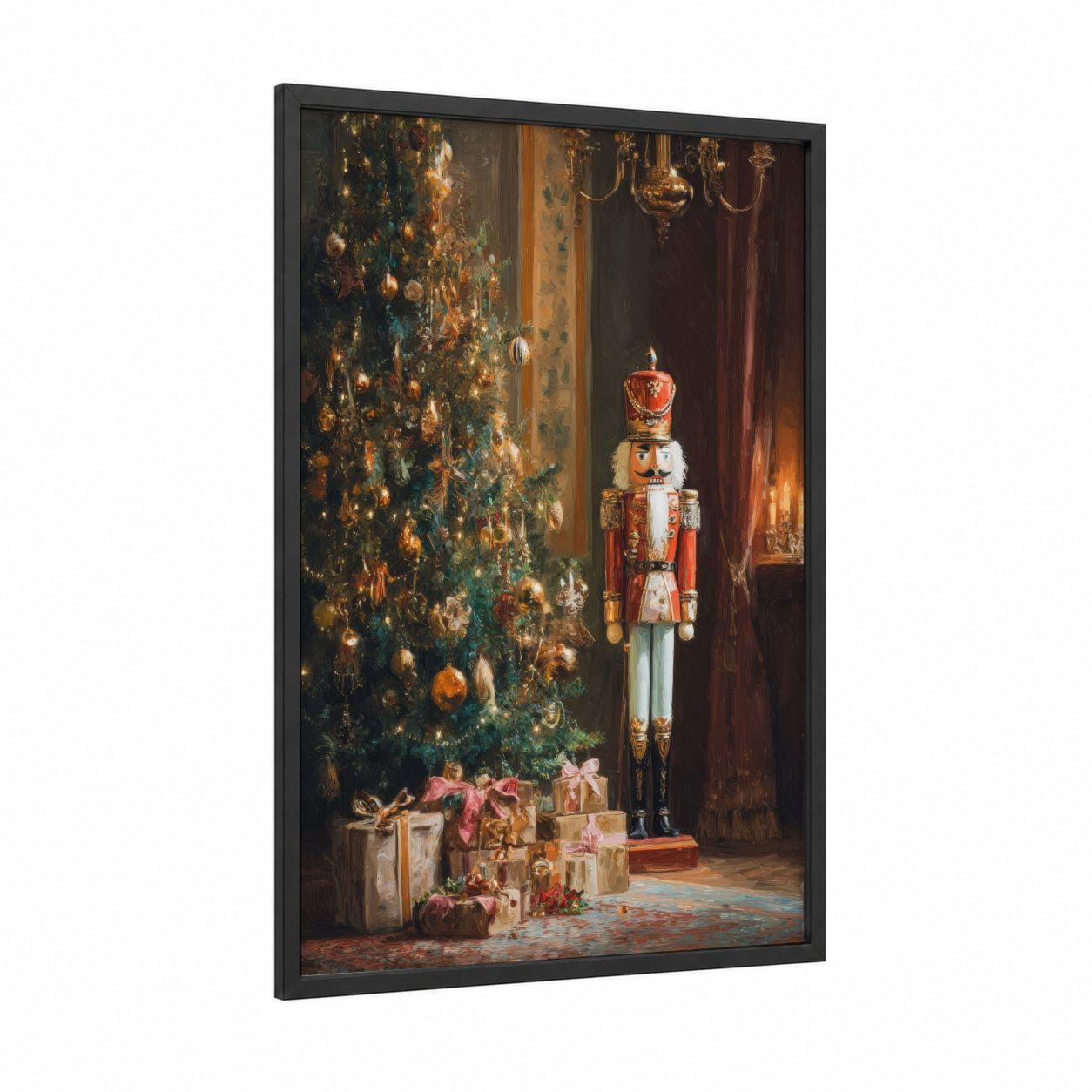 Golden Christmas Nutcracker framed art print — black wood frame — gold and red palette