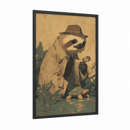 Detective Sloth framed art print — black wood frame — gold and dark green palette