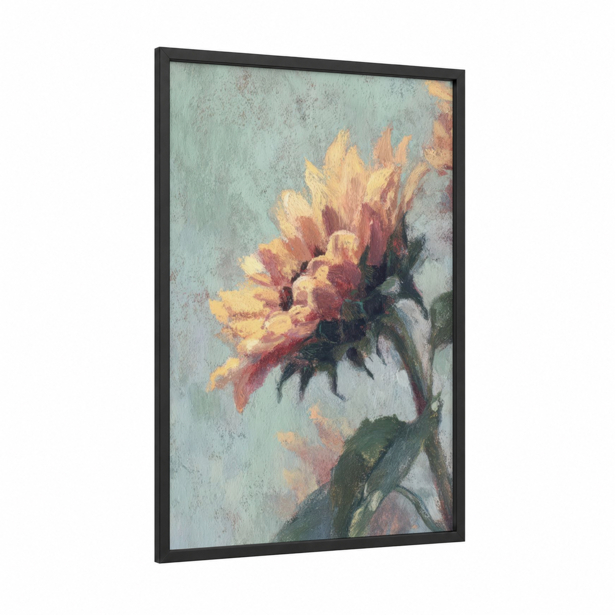 Golden Sunflower framed art print — black wood frame — gold and sage green palette