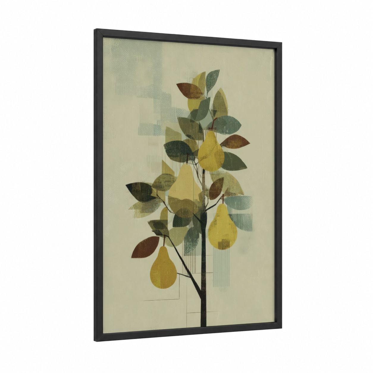 Golden Pear Tree framed fruit trees print — black wood frame — yellow gold and sage green palette
